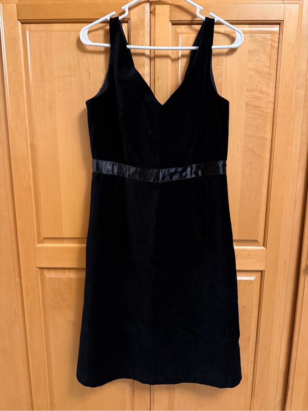 J. Crew Black Velvet V-Neck Midi Dress with Satin Waistband